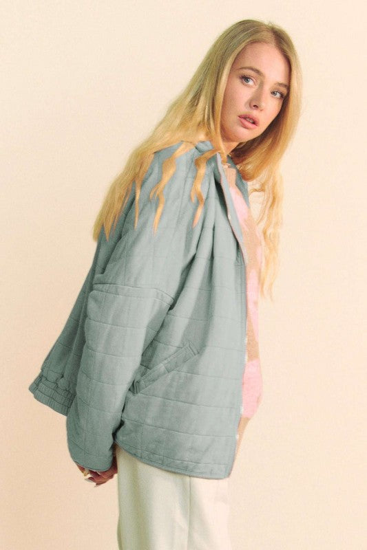 Quilted Zip Up Dropped Shoulder Jacket