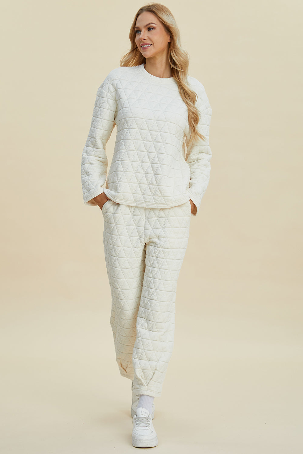 Textured Round Neck Long Sleeve Top and Pants Set