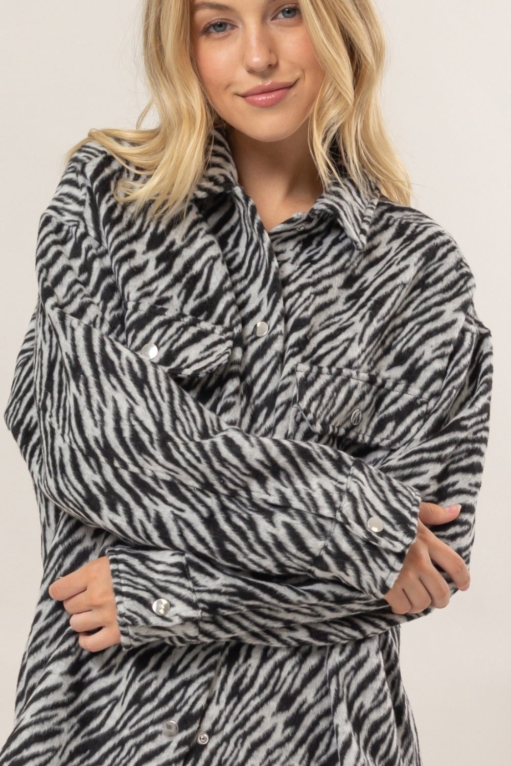 Zebra Print Snap Down Long Sleeve"Shacket" Shirt Jacket