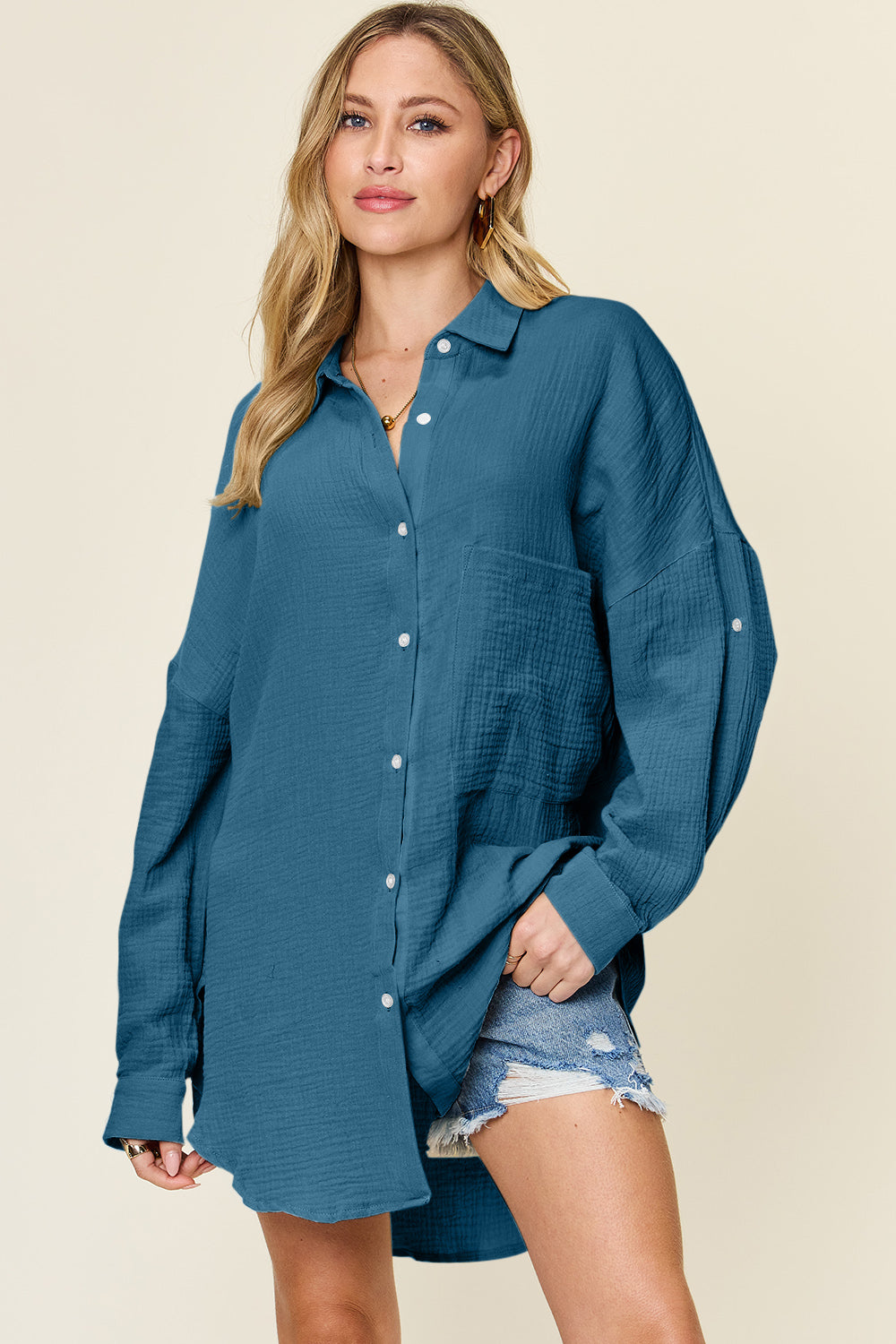 Pocketed Textured Button Up Shirt