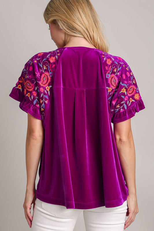 Velvet Embroidery Short Sleeve Blouse