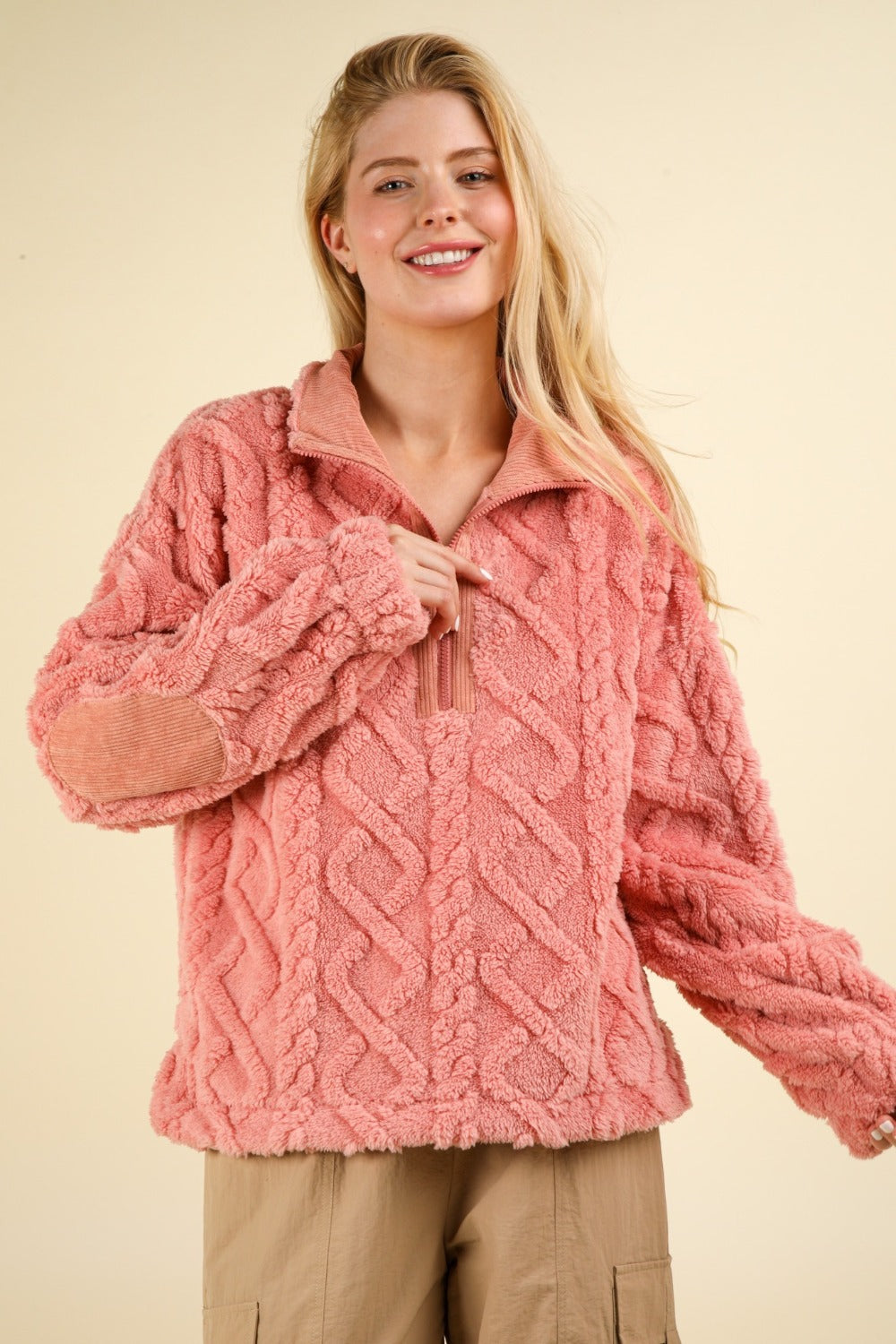 Fuzzy Fleece Half Zip Cable Sweatshirt