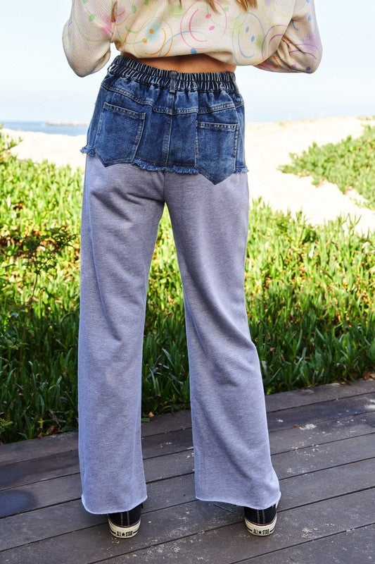 Raw Hem Denim Patchwork Wide Leg Pants