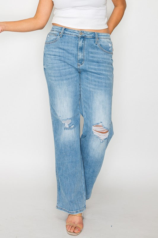 Distressed High Rise Straight Jeans