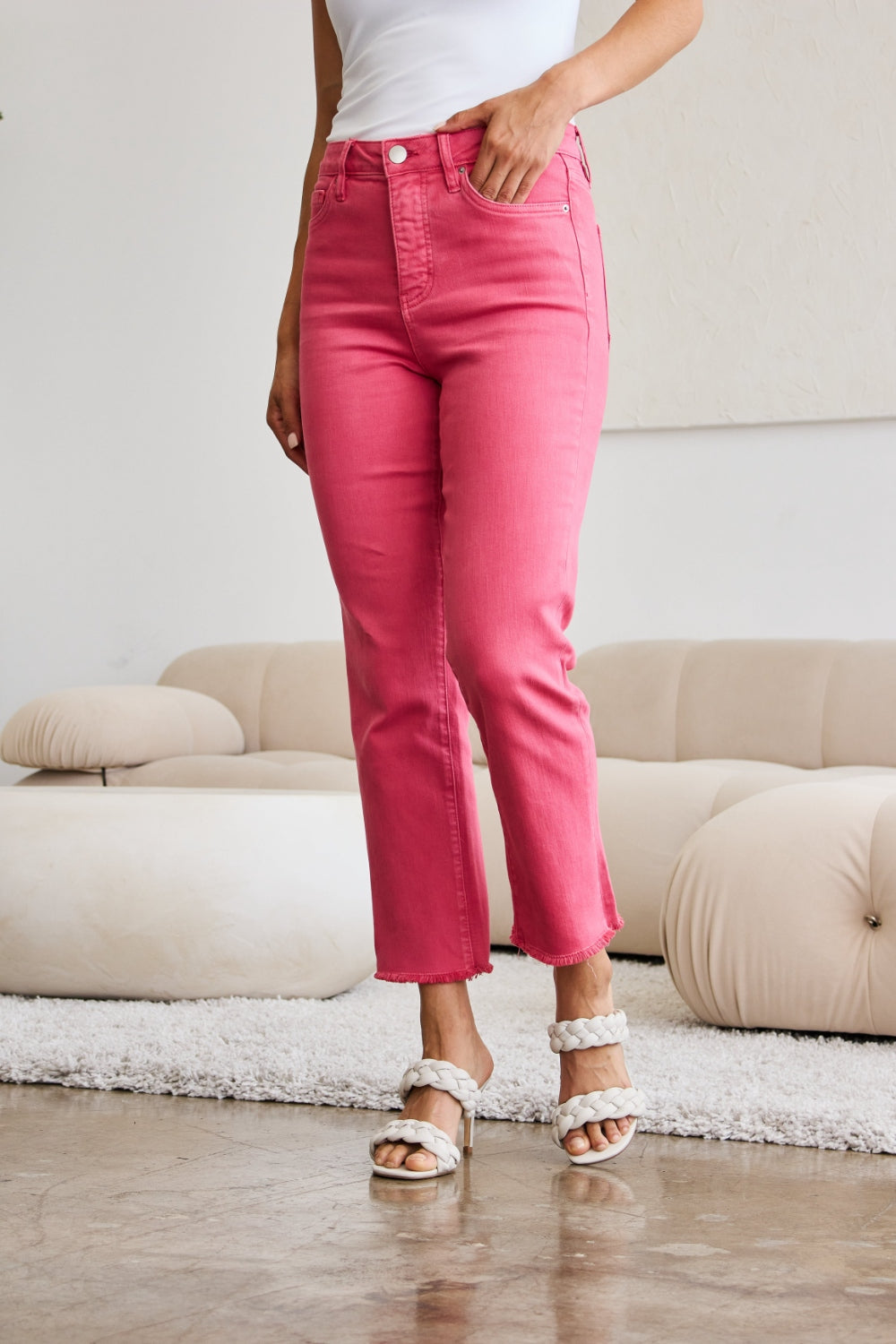 Cropped Tummy Control High Waist Raw Hem Jeans