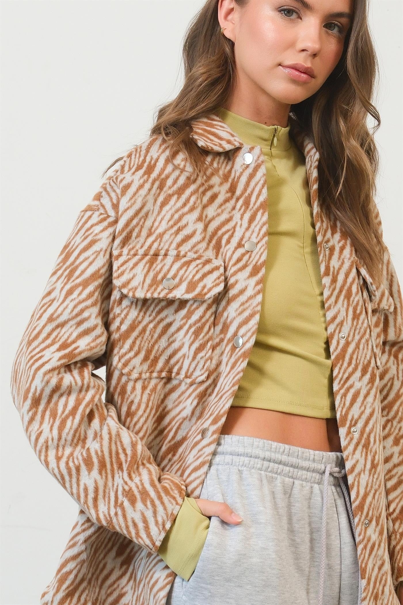 Zebra Print Snap Down Long Sleeve"Shacket" Shirt Jacket