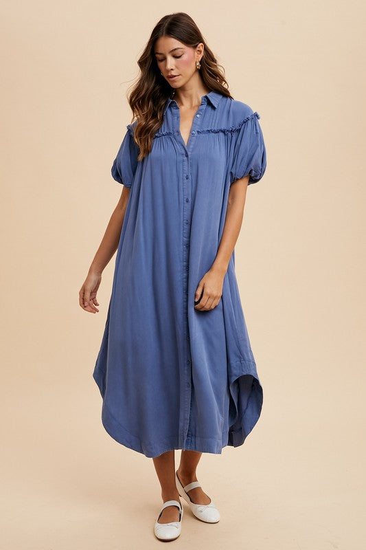 Mineral Washed Button Down Puff Sleeve Shirt Dress