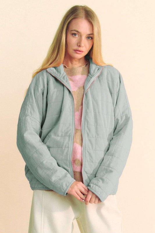 Quilted Zip Up Dropped Shoulder Jacket