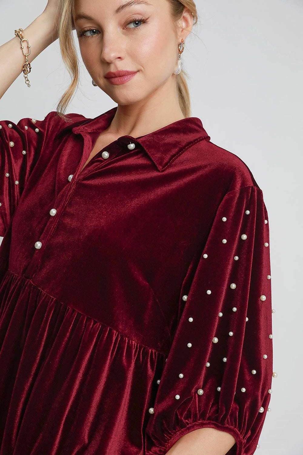 Pearl Detail Collared Neck Velvet Babydoll Blouse