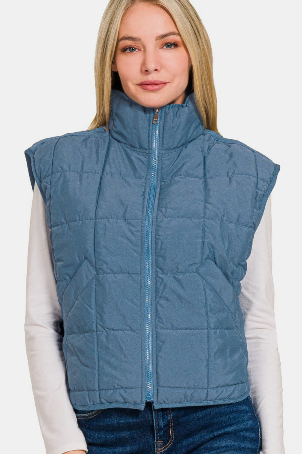 Zip Up Cropped Puffer Vest with Pockets