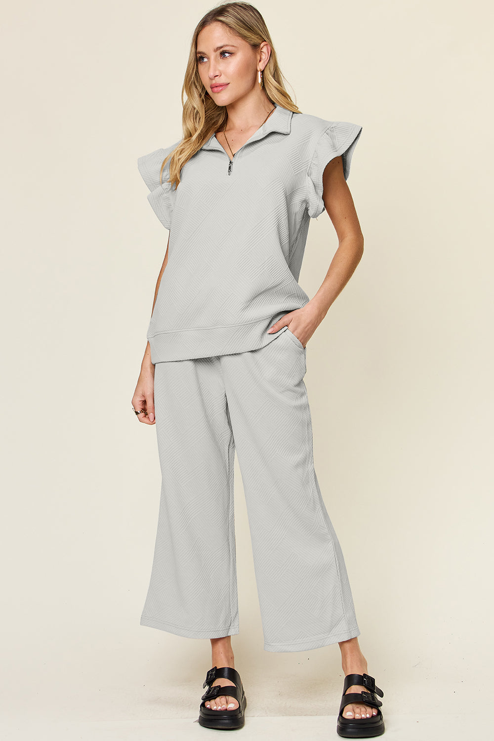 Textured Ruffle Short Sleeve Top and Drawstring Wide Leg Pants Set