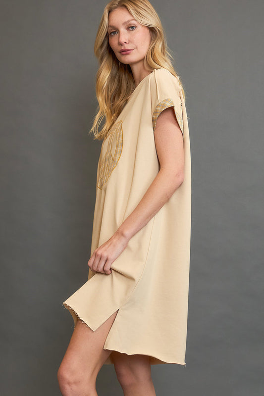 Peace Plaid Applique Short Sleeve Mini Dress