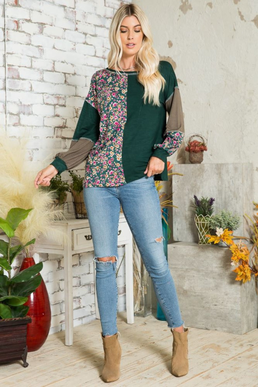 Floral Color Block Exposed Seam T-Shirt