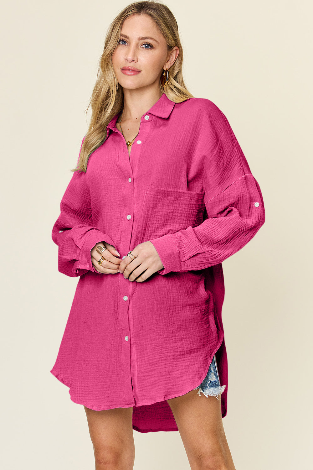 Pocketed Textured Button Up Shirt