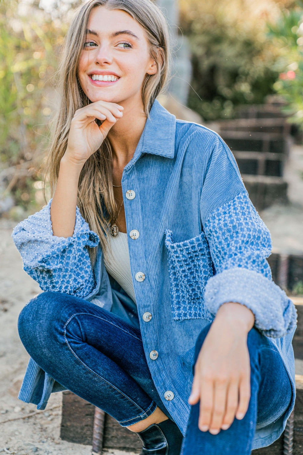 Button Down Corduroy Contrast Texture Long Sleeve "Shacket" Shirt Jacket
