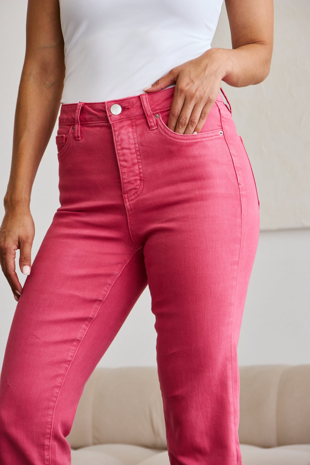 Cropped Tummy Control High Waist Raw Hem Jeans