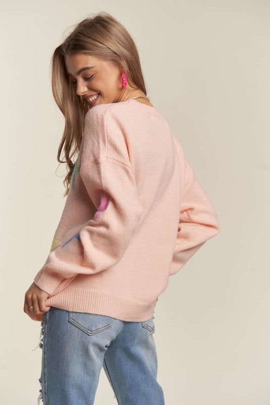 Stars  Round Neck Drop Shoulder Sweater