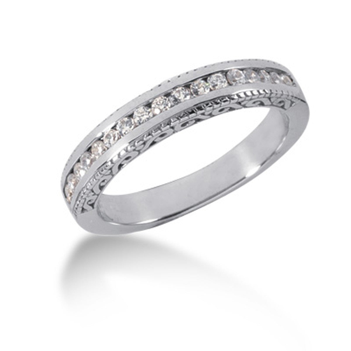 14k White Gold Vintage Style Engraved Diamond Channel-Set Wedding Ring Band
