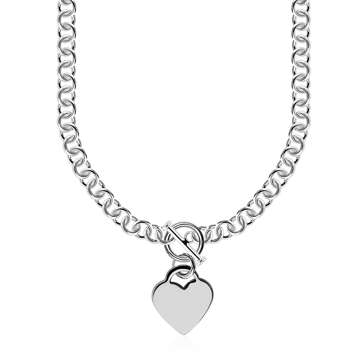 Sterling Silver Rolo Chain with a Heart Toggle Charm & Rhodium Plating