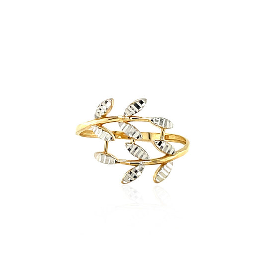 14k Two Tone Gold Crossover Ring with Textured Leaves(1.50mm)