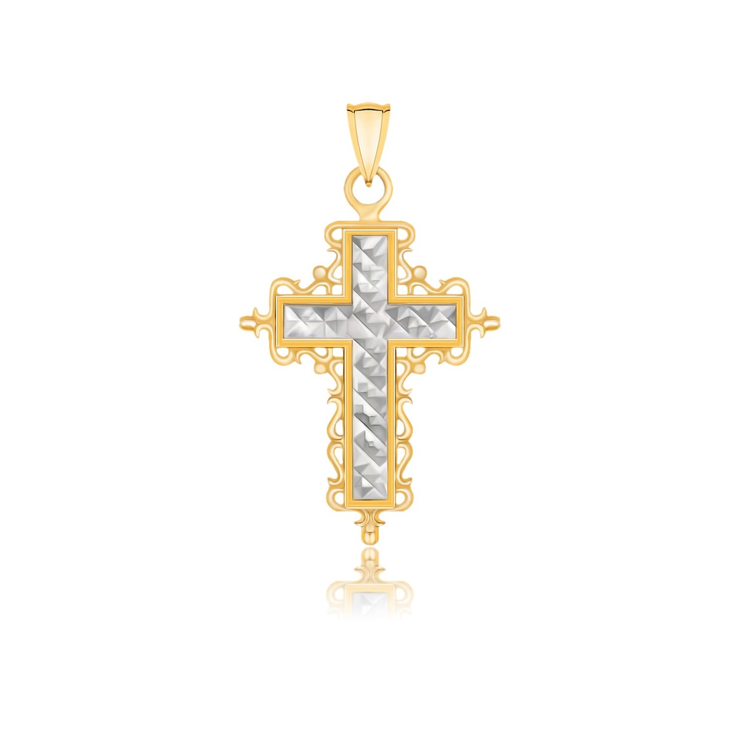 14k Two-Tone Gold Diamond Cut & Baroque Inspired Cross Pendant