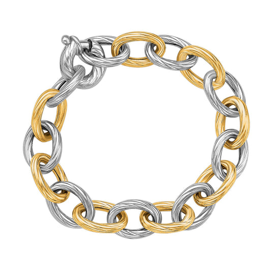 18k Yellow Gold & Sterling Silver Rhodium Plated Diamond Cut Chain Bracelet (9.65 mm)
