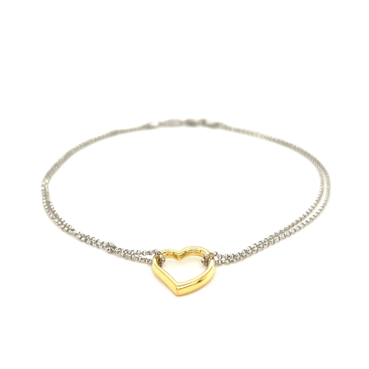 14k Yellow Gold & Sterling Silver Anklet with a Single Open Heart Station