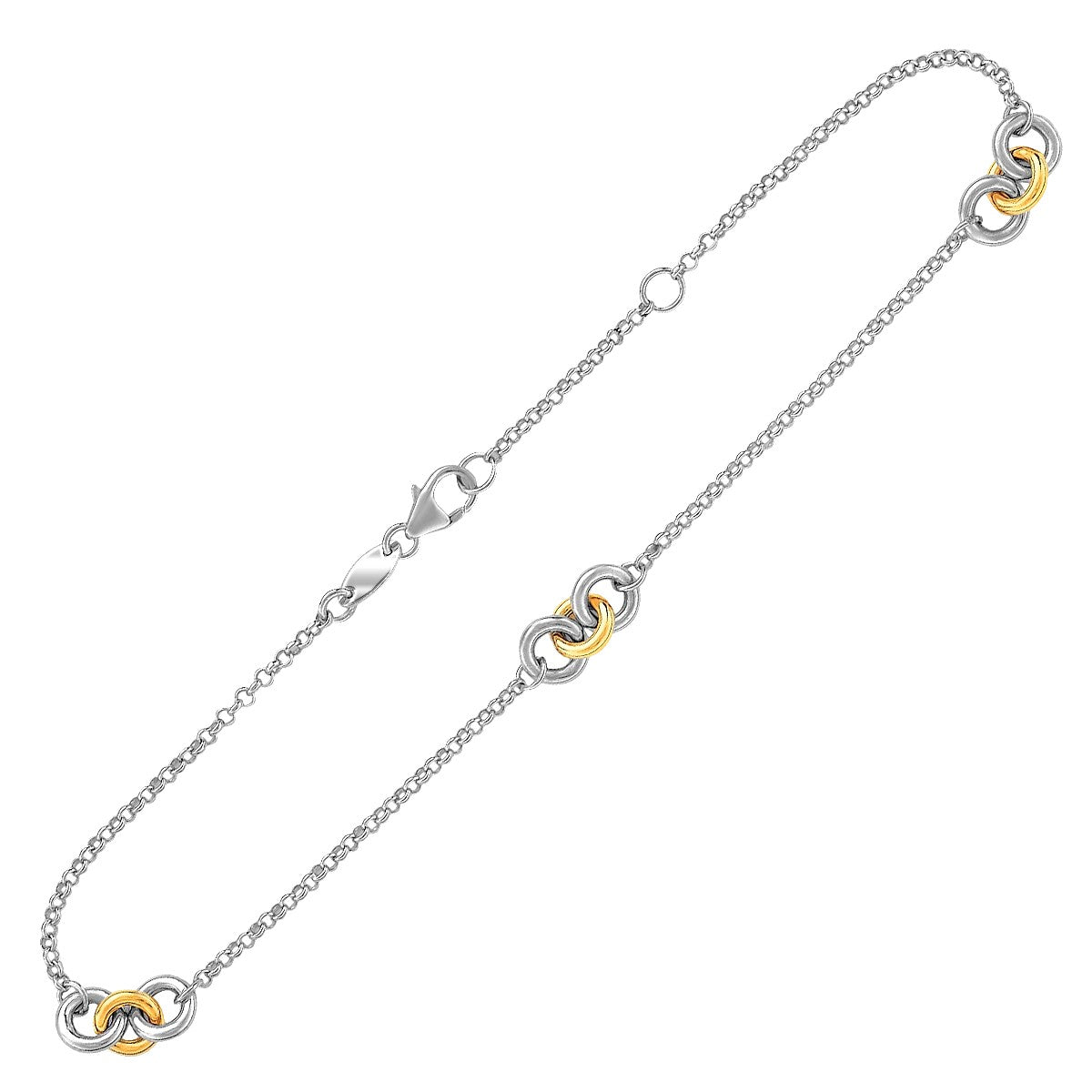 14k Yellow Gold & Sterling Silver Triple Ring Stationed Anklet