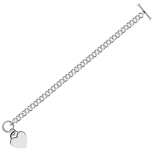 Sterling Silver Rhodium Plated Rolo Chain Bracelet with a Heart Charm (12.70 mm)