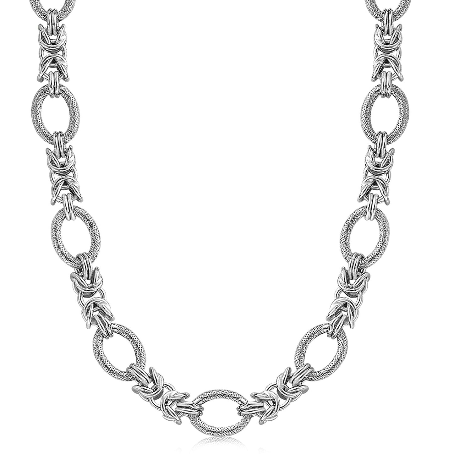 Sterling Silver Rhodium Plated Knot Style & Textured Oval Chain Necklace