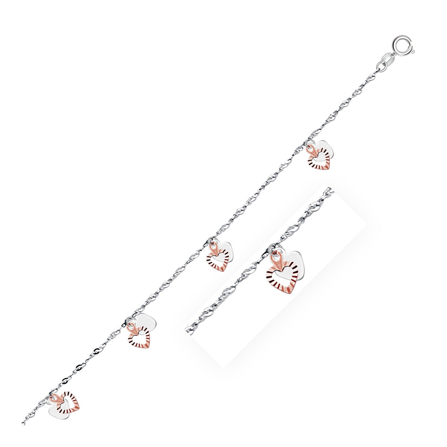 14k White & Rose Gold Anklet with Dual Heart Charms