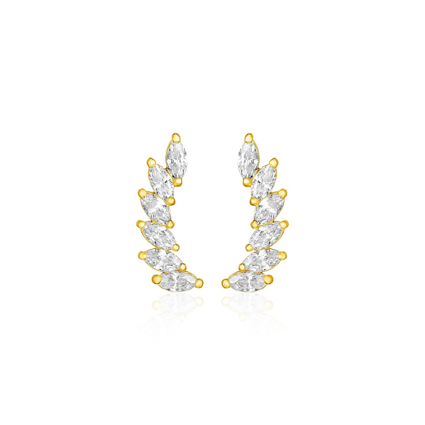 14k Yellow Gold Leaf Motif Climber Post Earrings with Marquise Cubic Zirconias