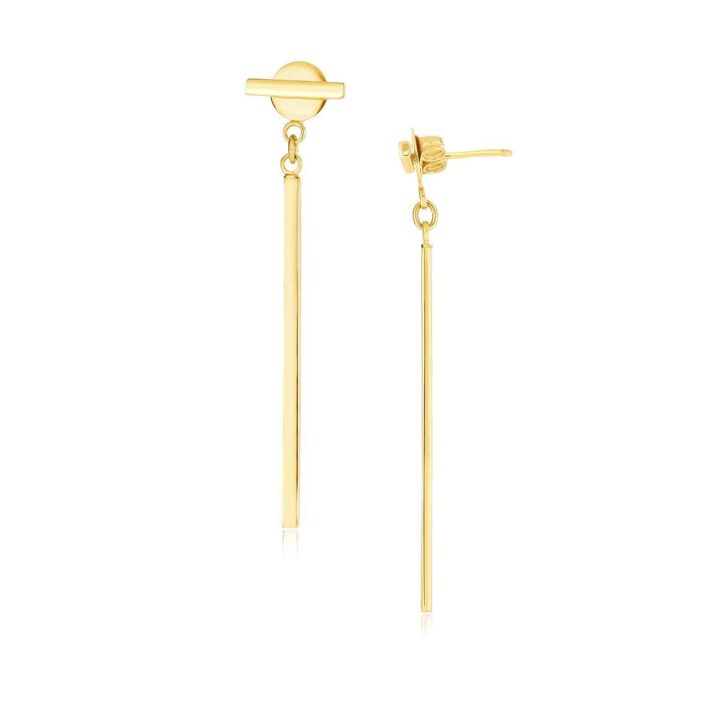 14k Yellow Gold Modern Disc & Bar Drop Earrings