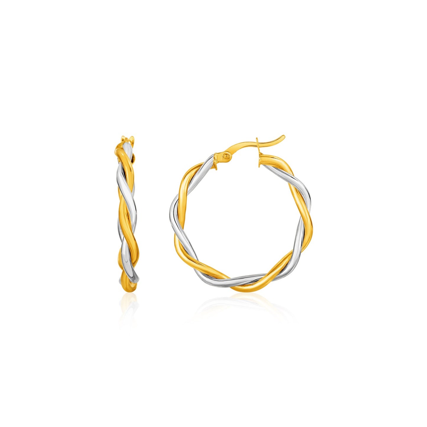 Two-Tone Twisted Wire Round Hoop Earrings in 10k Yellow & White Gold(3x15mm)