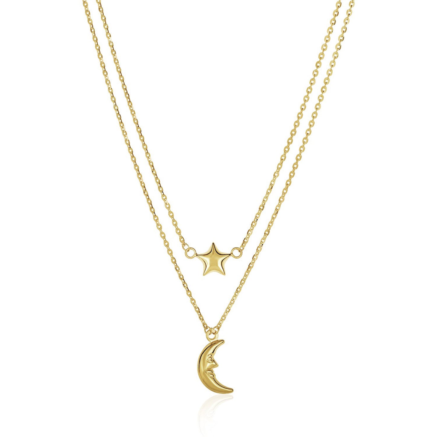 14k Yellow Gold Double-Strand Chain Necklace with Puff Moon & Star