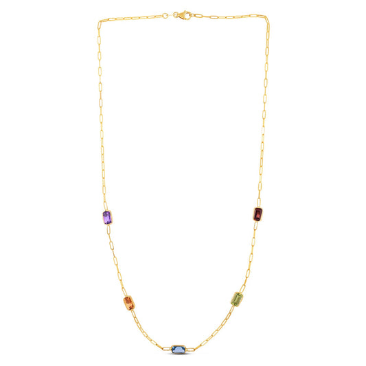 14K Yellow Gold Multi Gemstone Paperclip Necklace (1.50 mm)