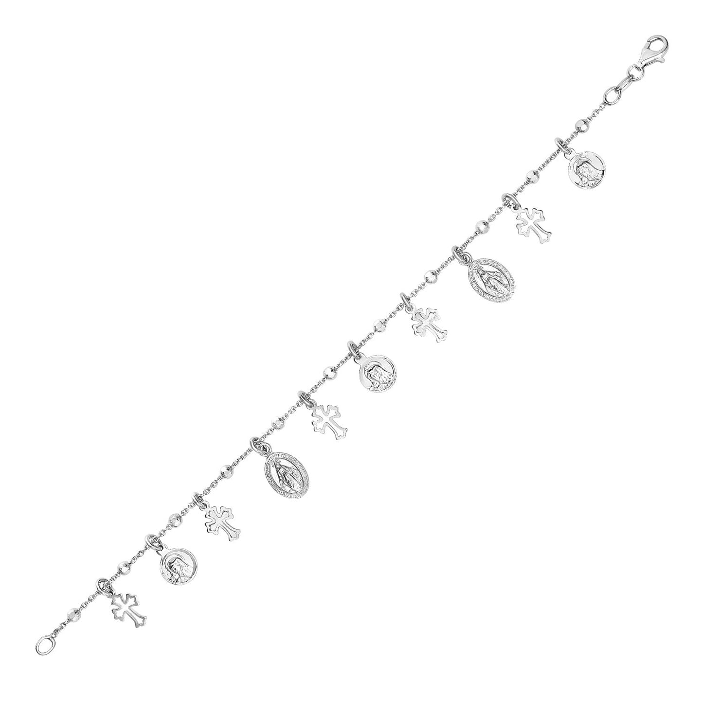 Sterling Silver 7 1/4 inch Bracelet with Crosses & Religious Medal Charms