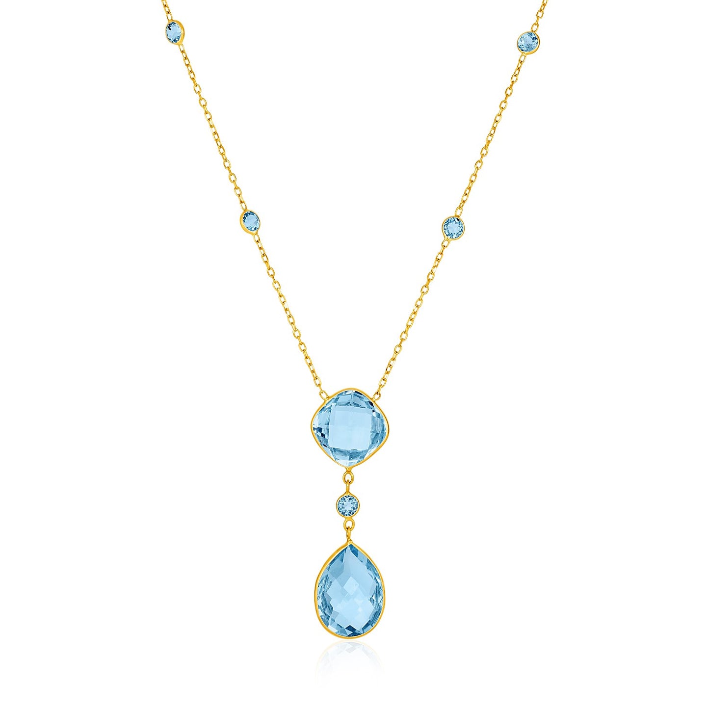 14k Yellow Gold Necklace with Pear-Shaped & Cushion Blue Topaz Briolettes