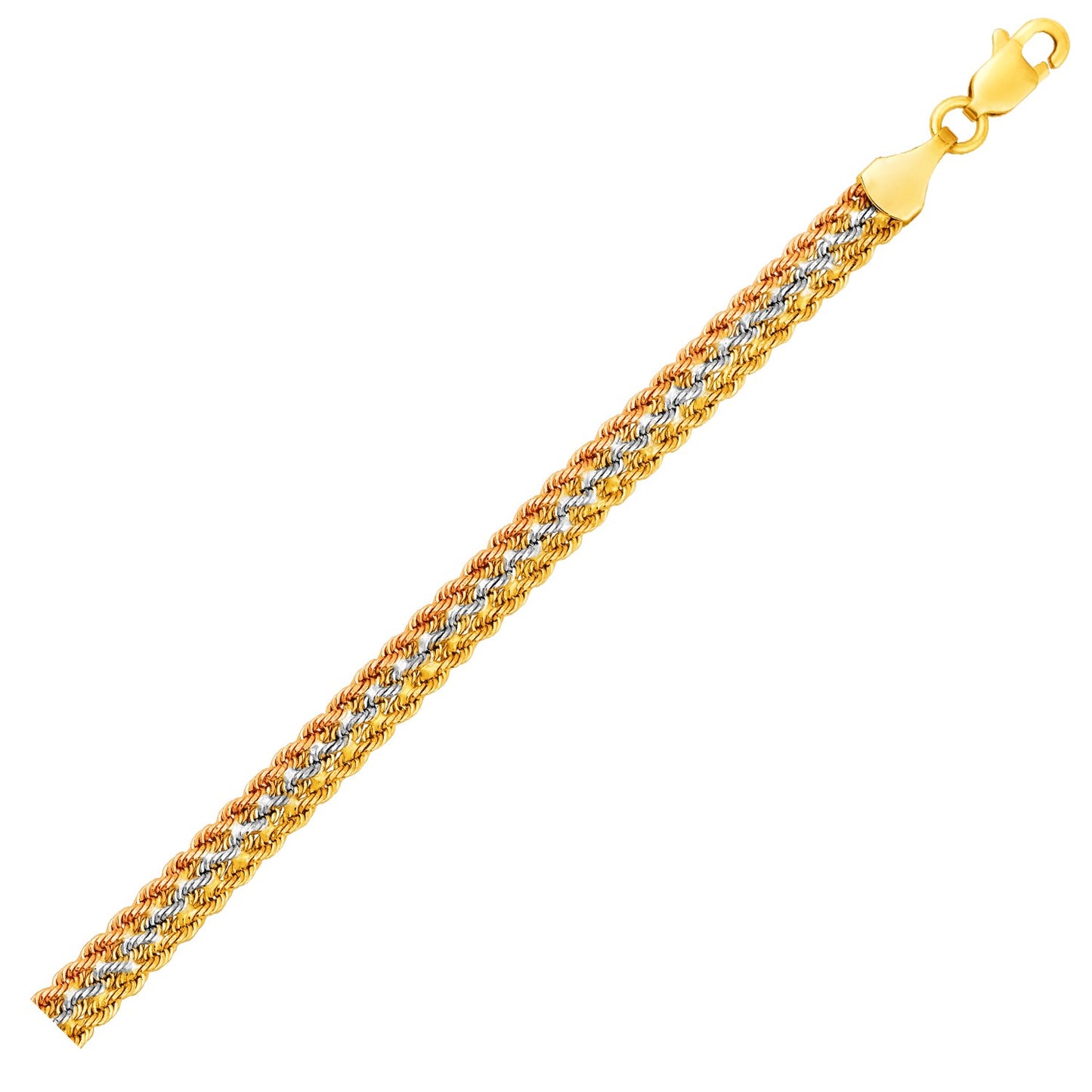 Tri-Toned Multi-Strand Rope Chain Bracelet in 10k Yellow White & Rose Gold