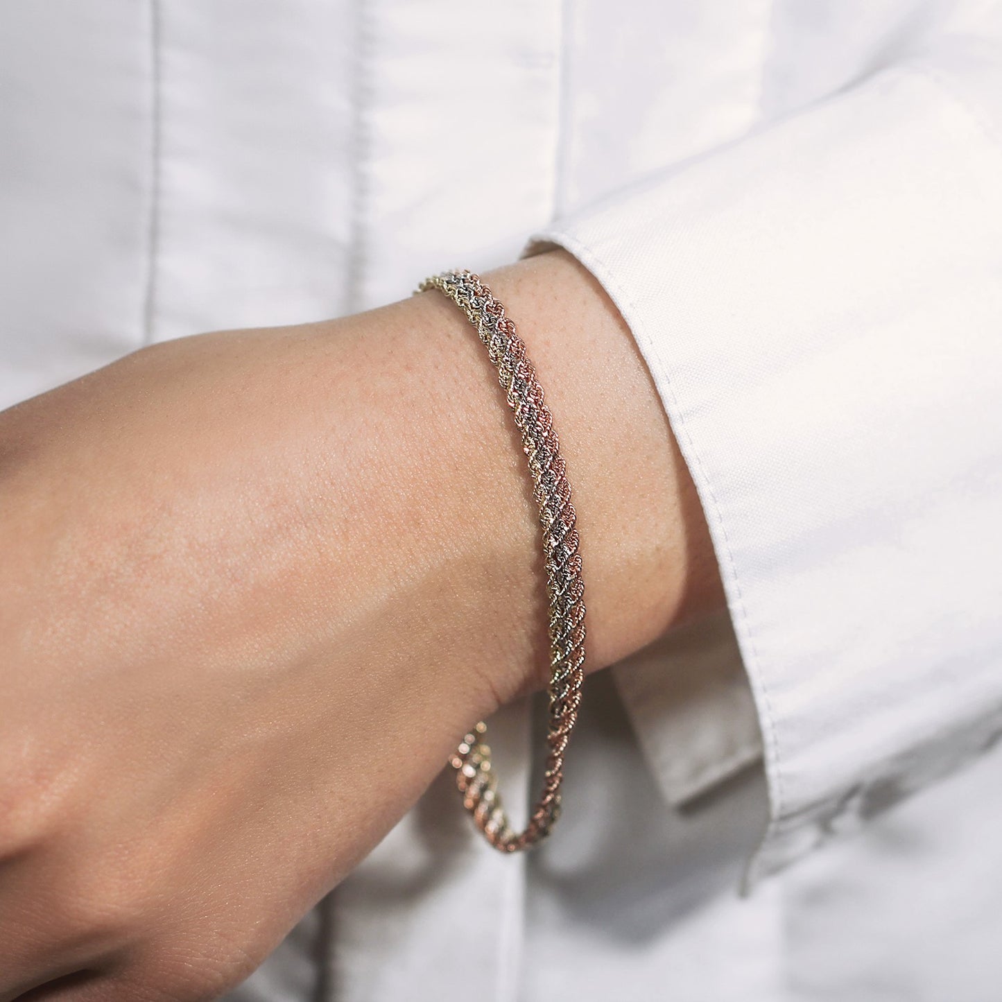 Tri-Toned Multi-Strand Rope Chain Bracelet in 10k Yellow White & Rose Gold