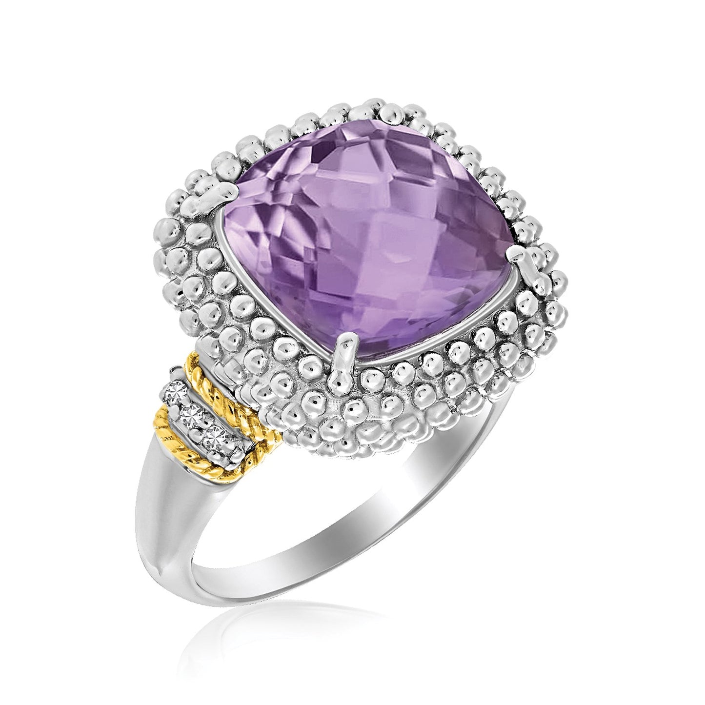 18k Yellow Gold & Sterling Silver Popcorn Ring with Amethyst & Diamond Accents