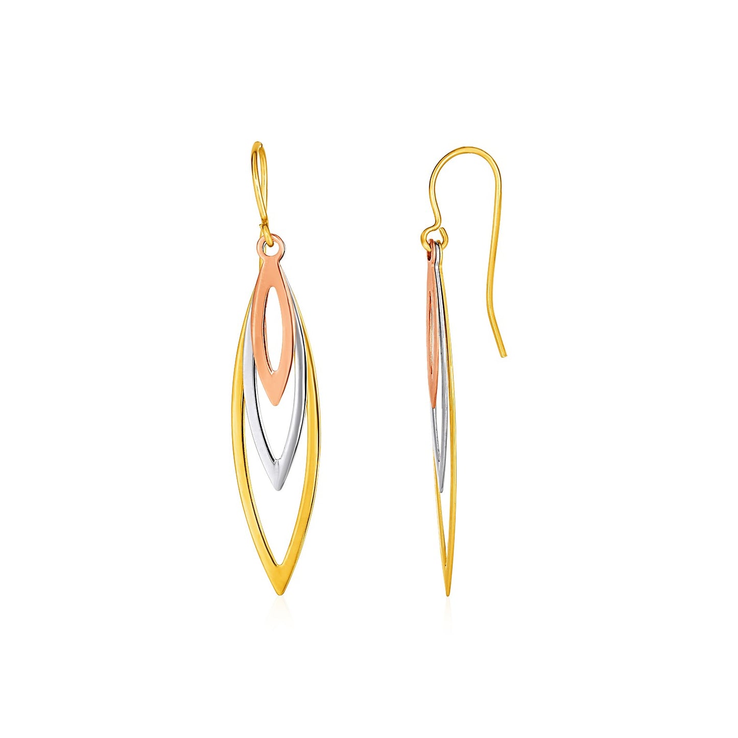 Tri-Tone Graduated Open Marquise Earrings in 10k Yellow White & Rose Gold