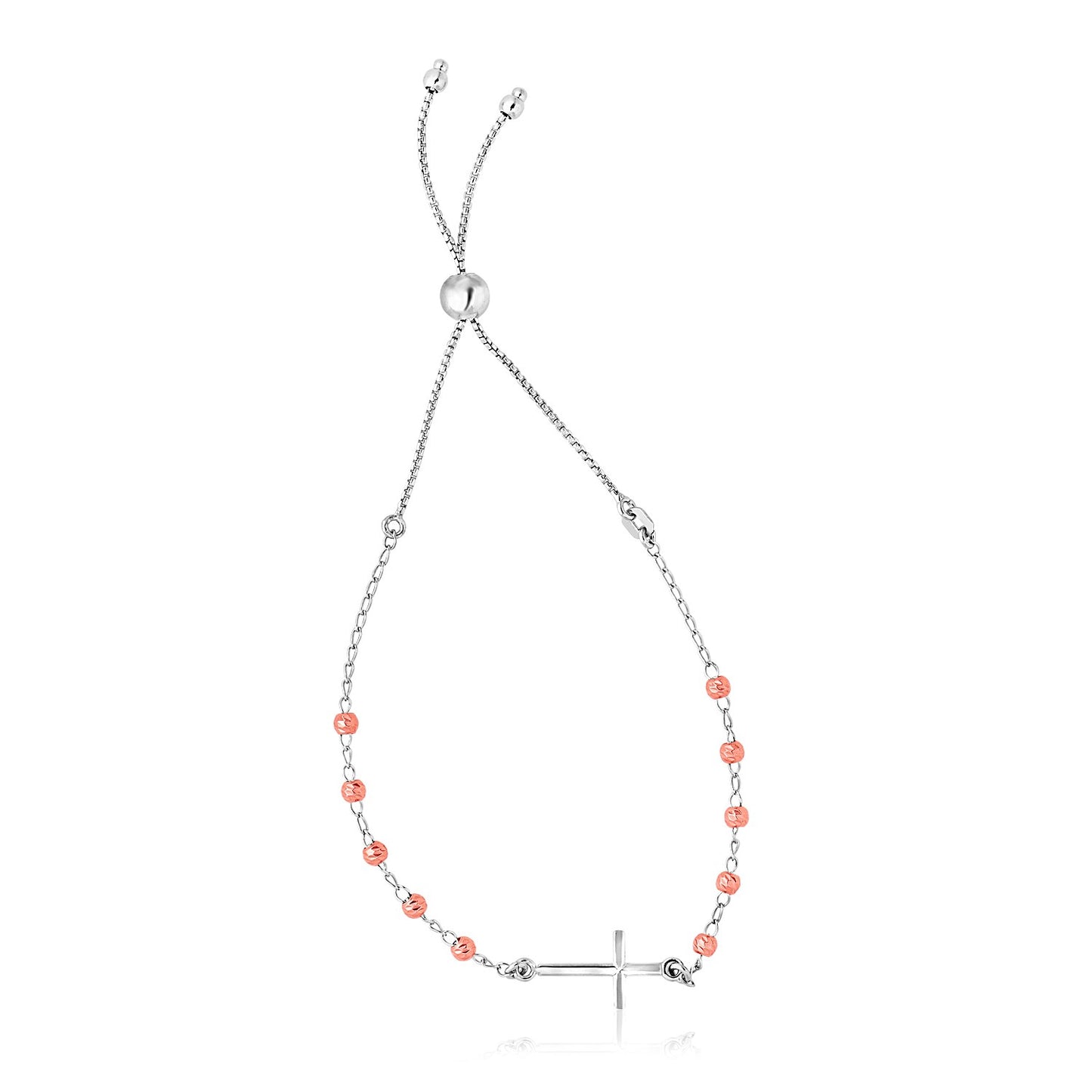 Sterling Silver White & Rose Finish Adjustable Bracelet with Cross