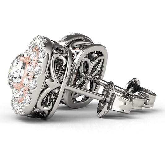 14k White & Rose Gold Cushion Shape Halo Diamond Earrings (3/4 cttw)