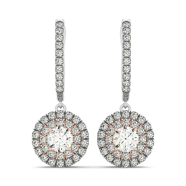 14k White & Rose Gold Drop Diamond Earrings with a Halo Design (3/4 cttw)