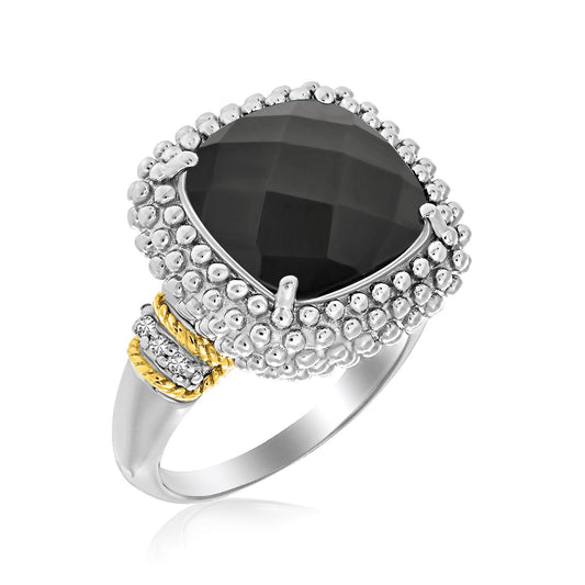 18k Yellow Gold & Sterling Silver Black Onyx & Diamond Popcorn Cushion Ring