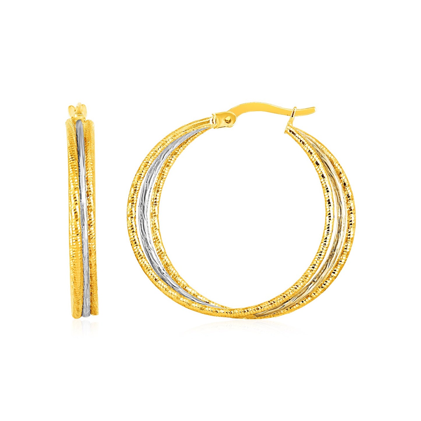 Three Part Textured Hoop Earrings in 14k Yellow & White Gold