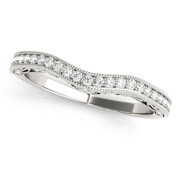 14k White Gold Milgrained Pave-Set Curved Diamond Wedding Band (1/5 cttw)