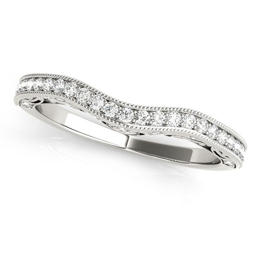 14k White Gold Milgrained Pave-Set Curved Diamond Wedding Band (1/5 cttw)