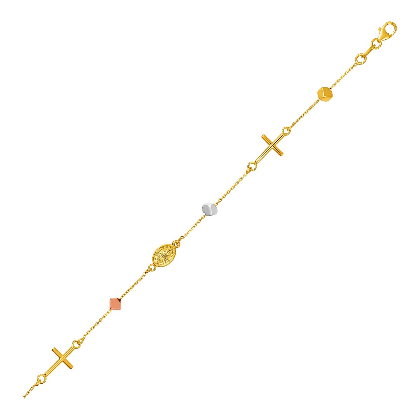 14k Tri Color Gold Bracelet with Crosses Cubes & Medallions